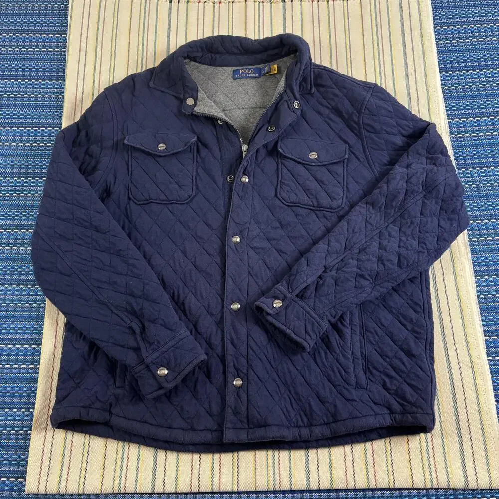 Polo Ralph Lauren Jacket Mens Large Blue Quilted Full Zip Lined Snap Pockets War